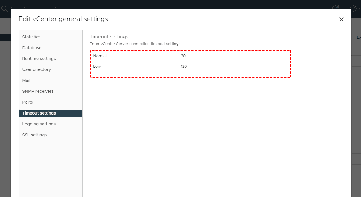 edit vCenter Server connection timeout settings