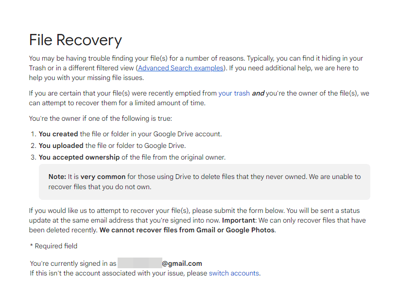 Google Drive Help File Recovery