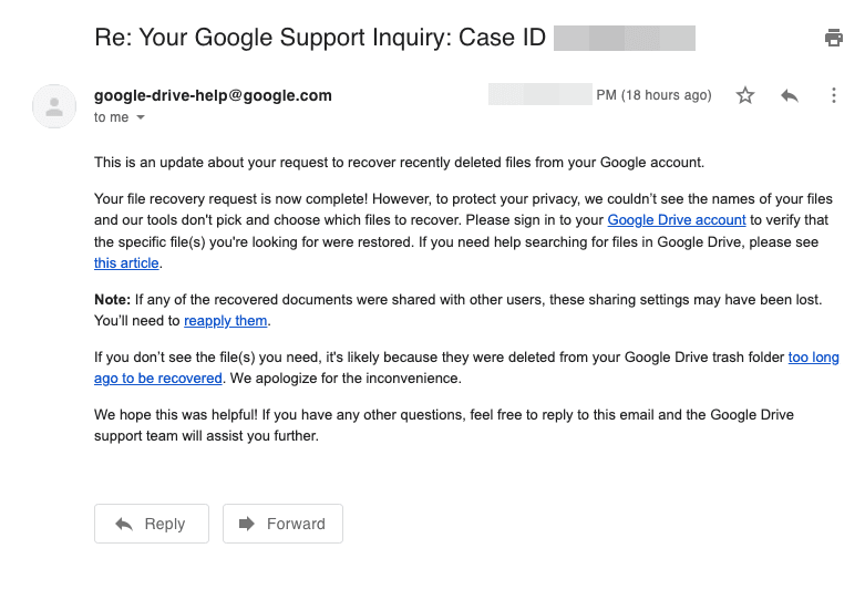Reply From Google Drive Support