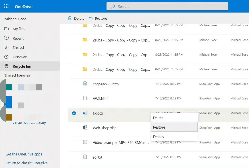 recover onedrive files second stage recycle bin