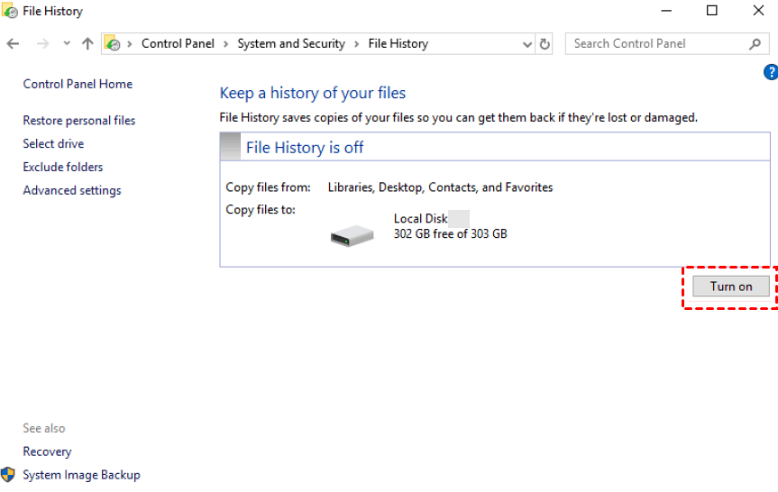 File History Turn On