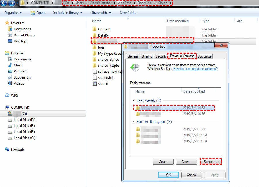 Right Click Skype Folder Properties Previous Versions Restore Selected File
