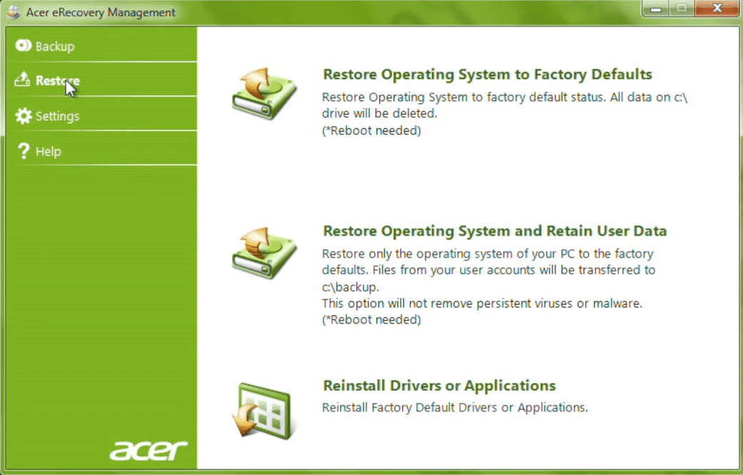 Acer eRecovery Management Restore