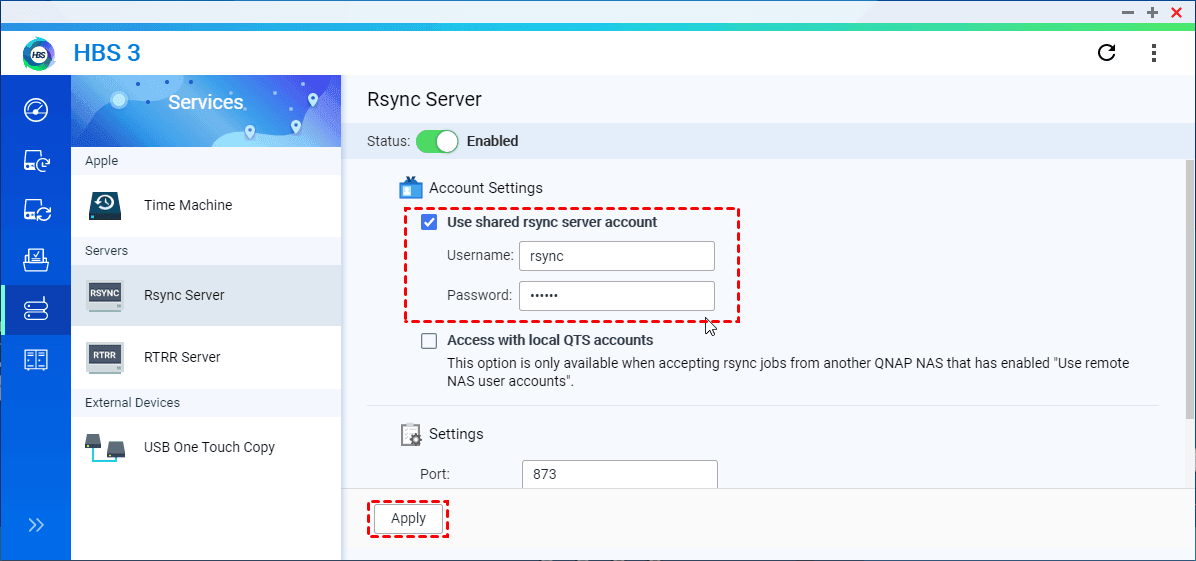 Rsync Server Account Settings