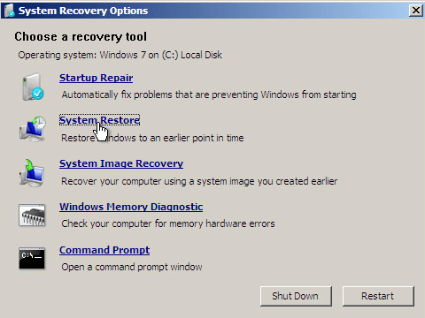 ripristino del sistema Windows 7 non riuscito