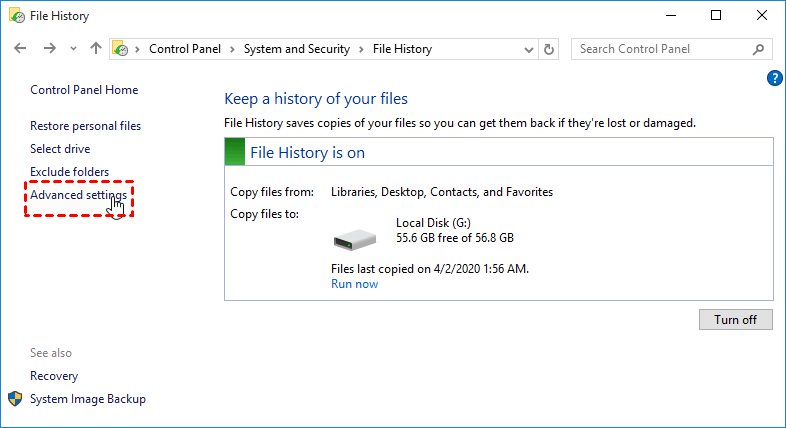 File History Advanced Settings