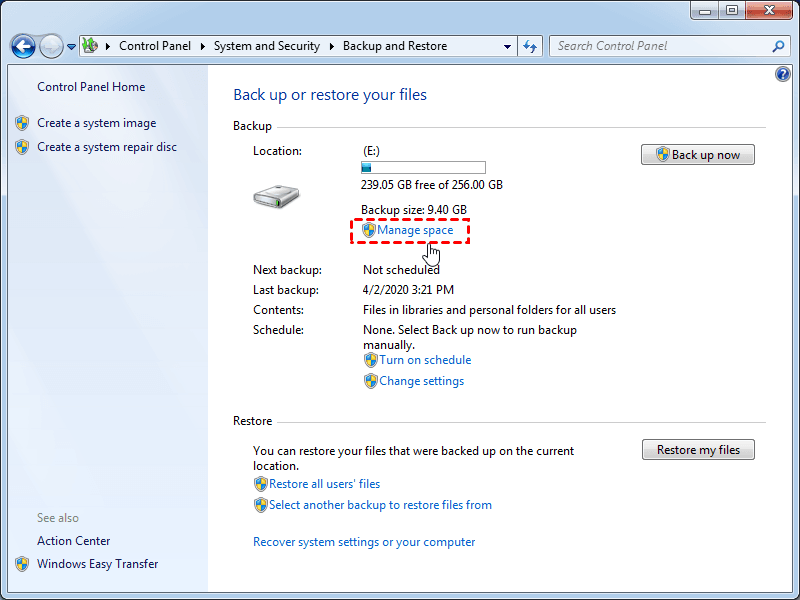 Manage Space for Windows 7 Backup