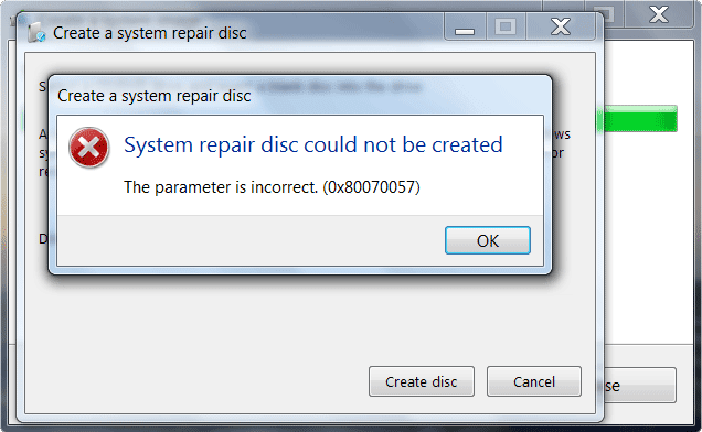 System Repair Disc Could Not Be Created