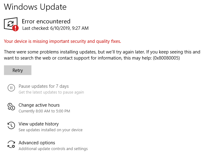 Windows Update 0x80080005