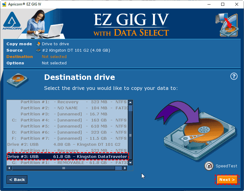 EZ GIG IV Select Destination Disk