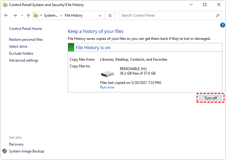 Turn Off File History