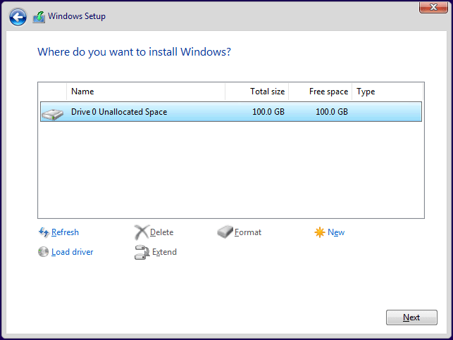 Select Drive 0 Unallocated Space