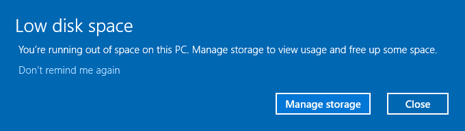 Low Disk Space Windows 10