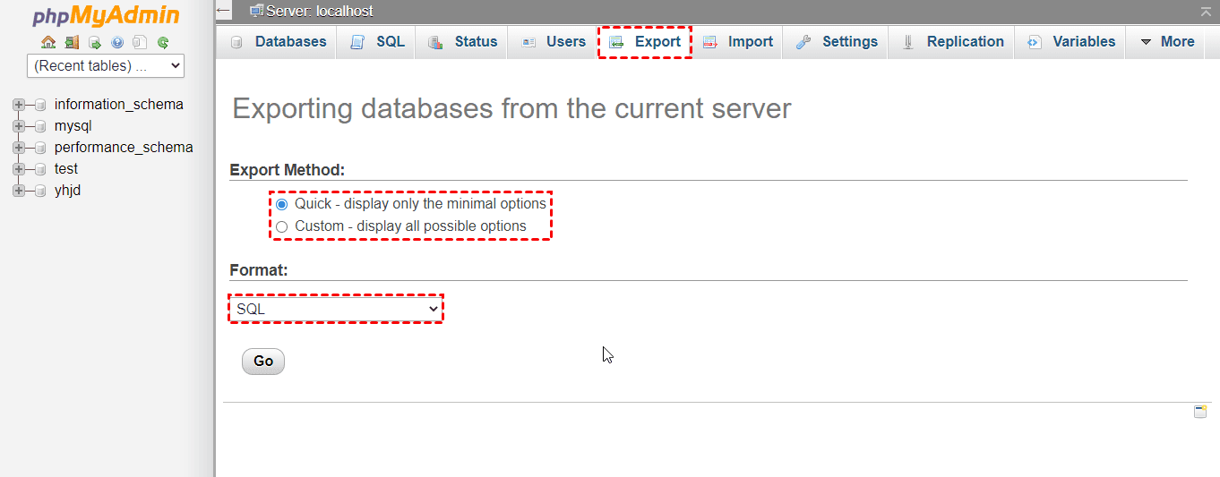 PHPMyAdmin Export MySQL Database