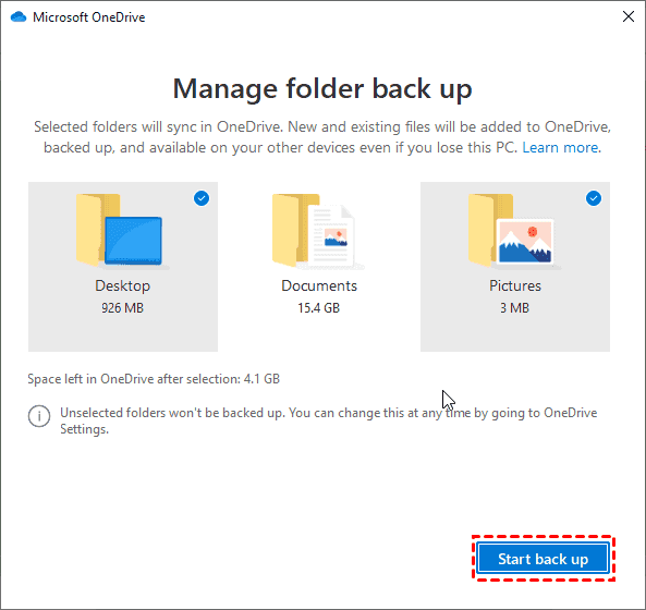 Inizia la cartella di backup per OneDrive