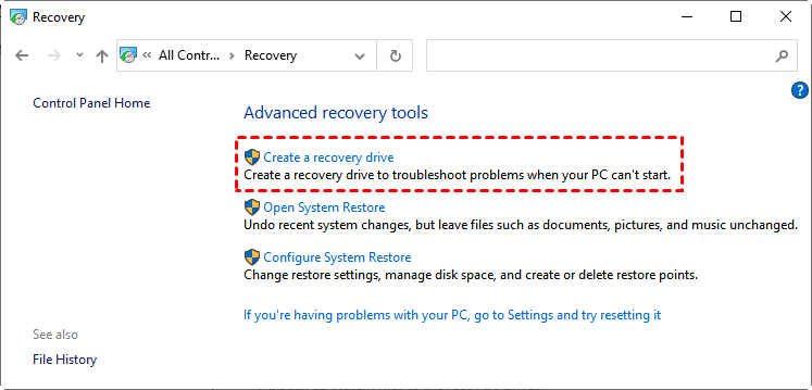 creando su USB de recuperación para Windows 10