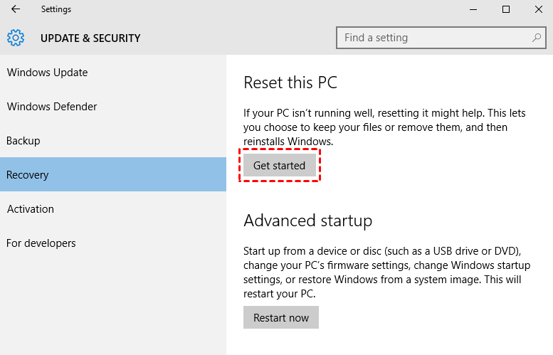 Ripristina questo PC da Windows