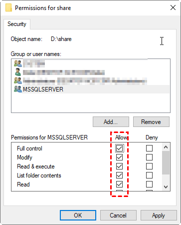 permissions for sql server account