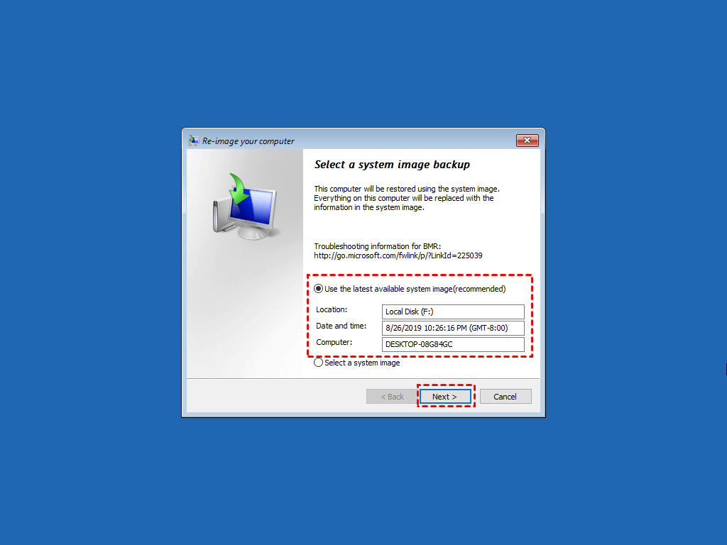 Ripristina il backup del sistema Windows 10