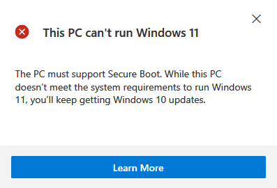 Ce PC ne peut pas exécuter Windows 11, le démarrage sécurisé n'est pas supporté