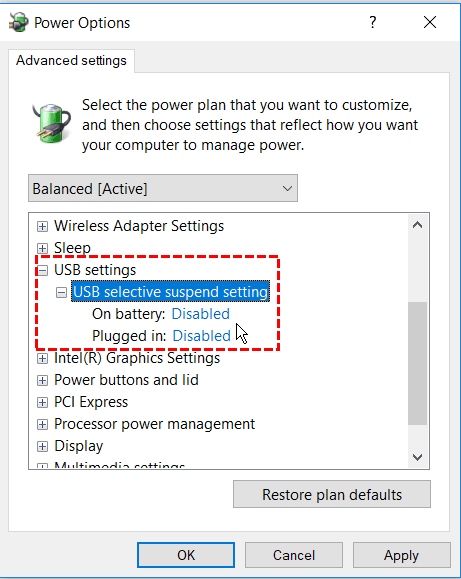Disabled USB Selective Suspend Setting
