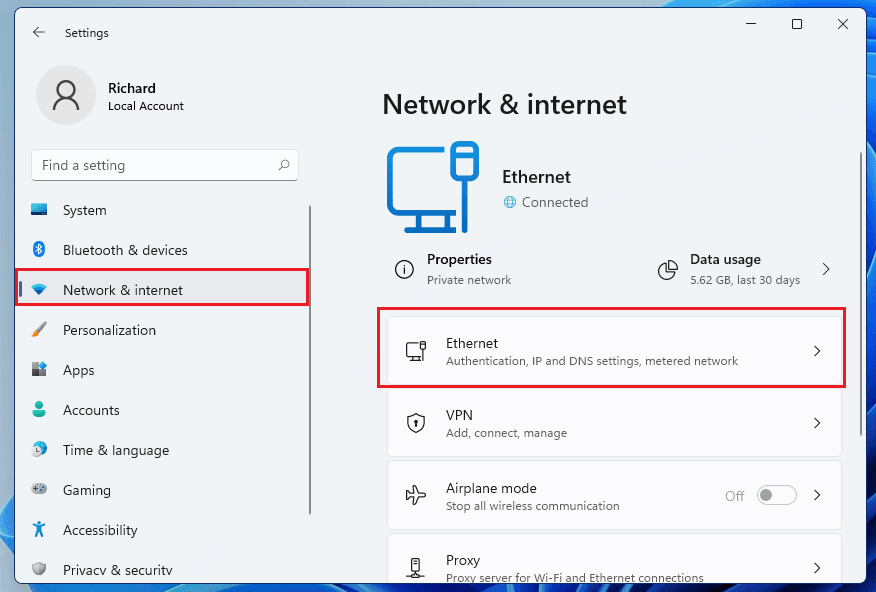 Network and Internet in Settings