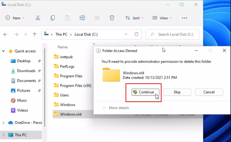 Supprimer le dossier Windows 11 Windows.old