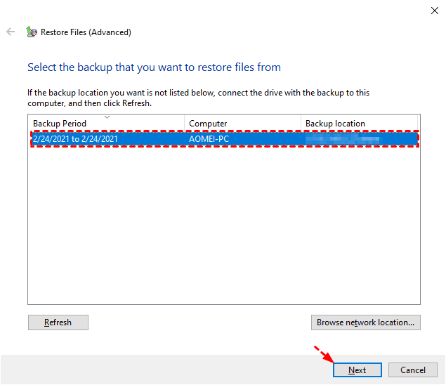 Select The Windows 7 Backup