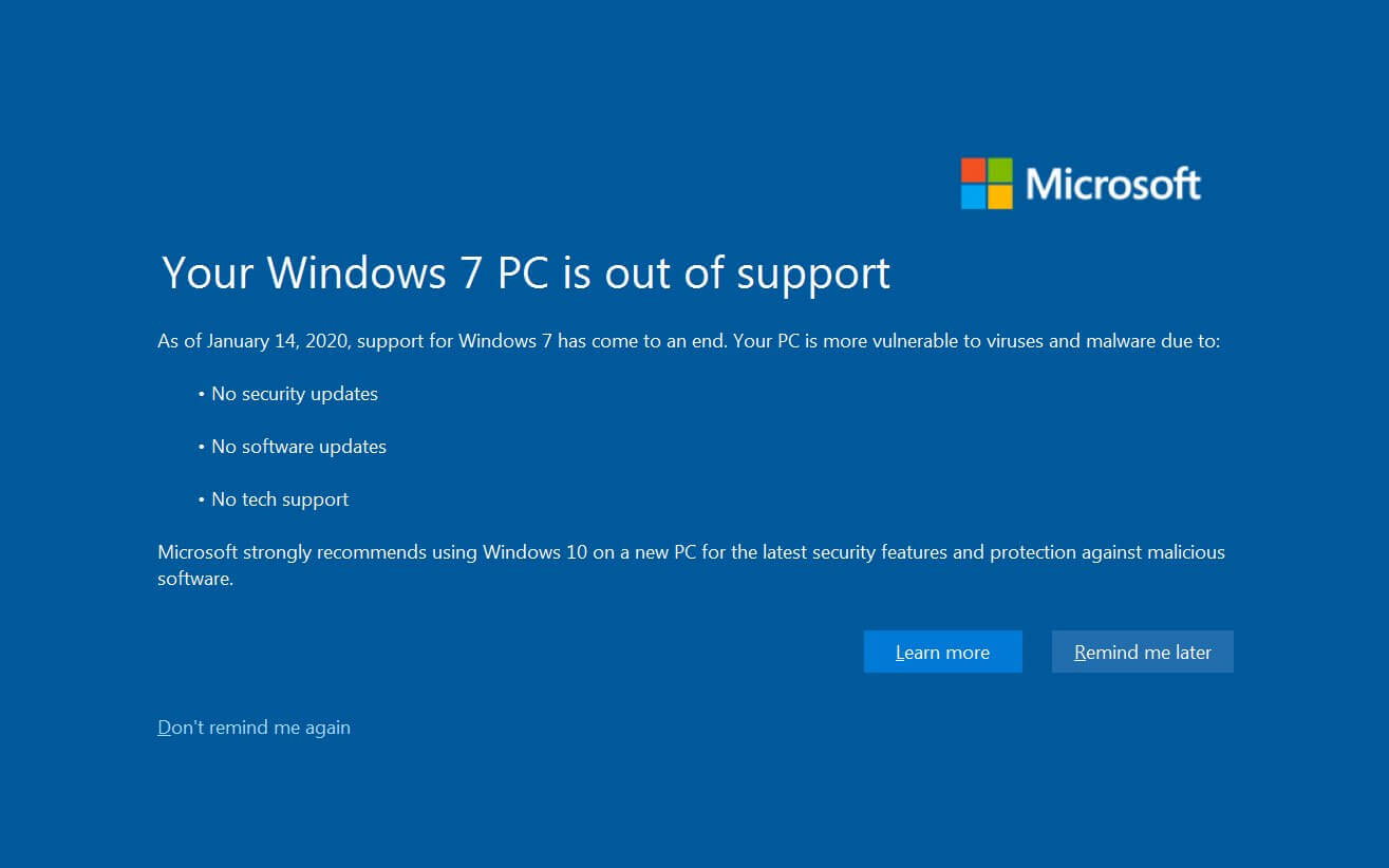 Windows 7 Is Out Of Support