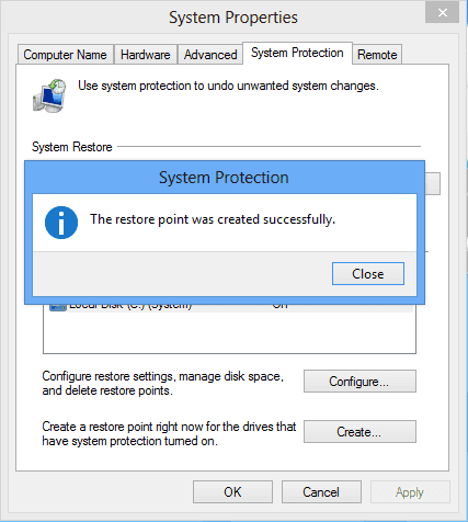 Create Restore Point Successfully