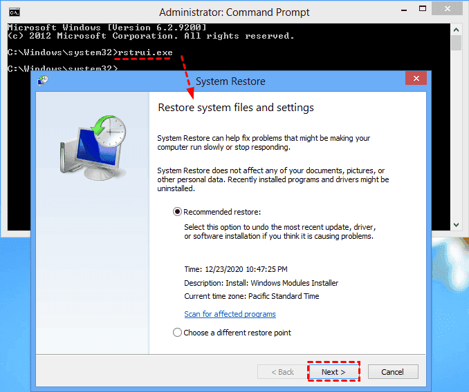 Windows 8 System Restore Command