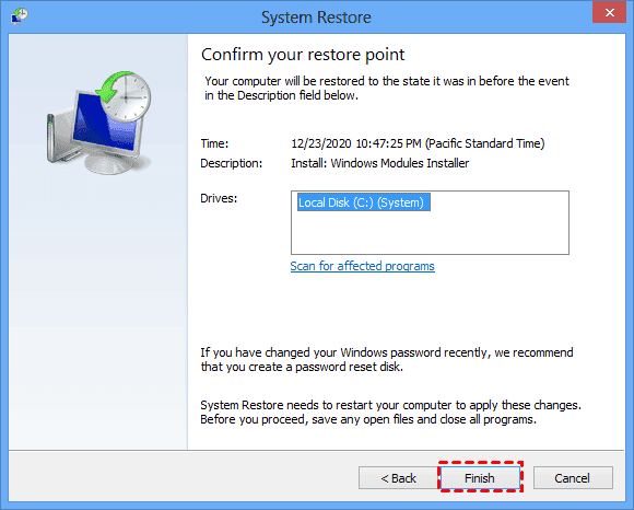 Windows 8 System Retore Click Finish