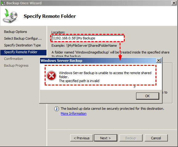 Windows Server Backup is Unable to Access the Remote Shared Folder
