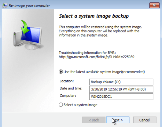 Select a System Image Backup