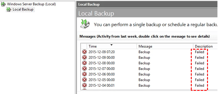 Windows Server Backup Failed Error