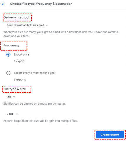 Create Export Google Takeout