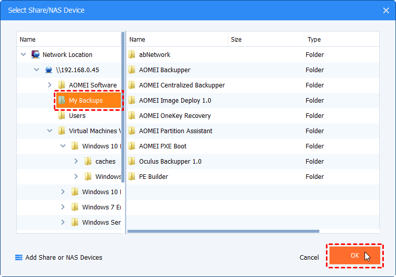 Select Backup folder