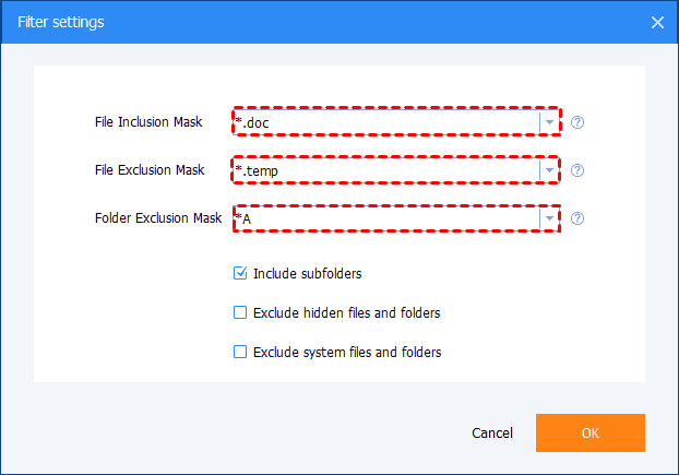 File Backup Filter Settings