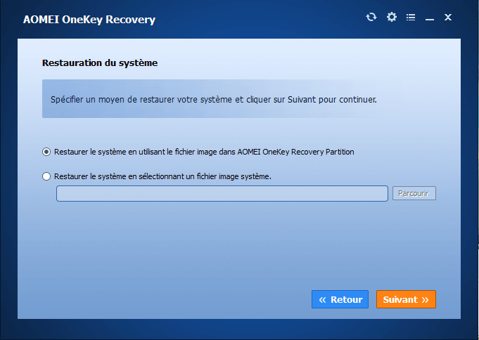 Restaurer le système en sélectionnant un fichier image dans AOMEI OneKey Recovery Partition