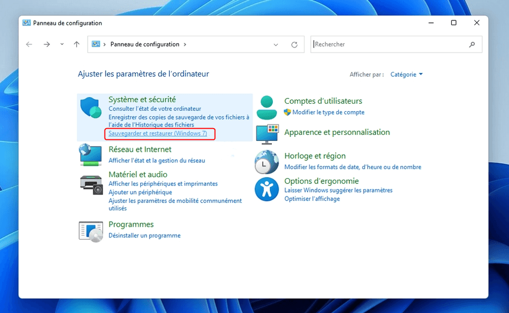 Sauvegarde et restauration Windows 11