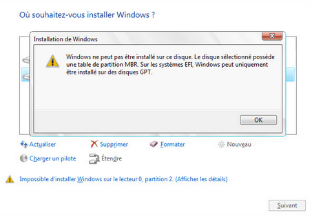 Windows ne peut pas être installé sur ce disque MBR