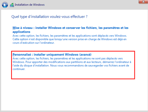 Personnalisé : Installer Windows uniquement