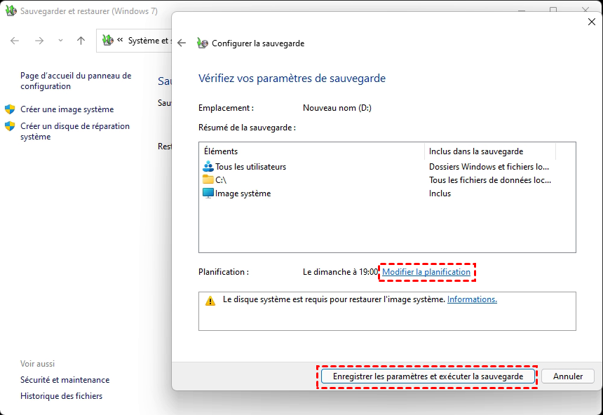 Enregistrer les paramètres et exécuter la sauvegarde