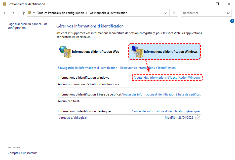 Ajouter des informations d'identification Windows