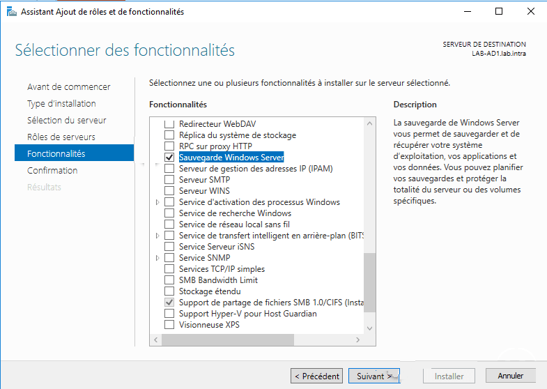 Installer Sauvegarde Windows Server
