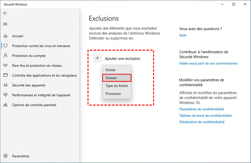 ajouter une exclusion