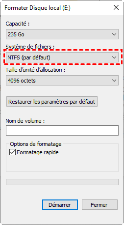 Formater disque en NTFS