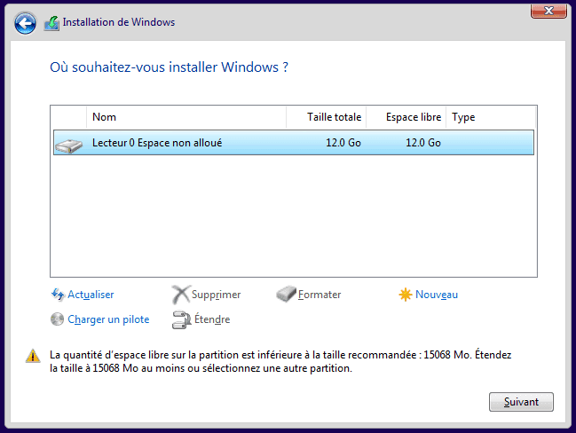 Installer Windows sur une partition
