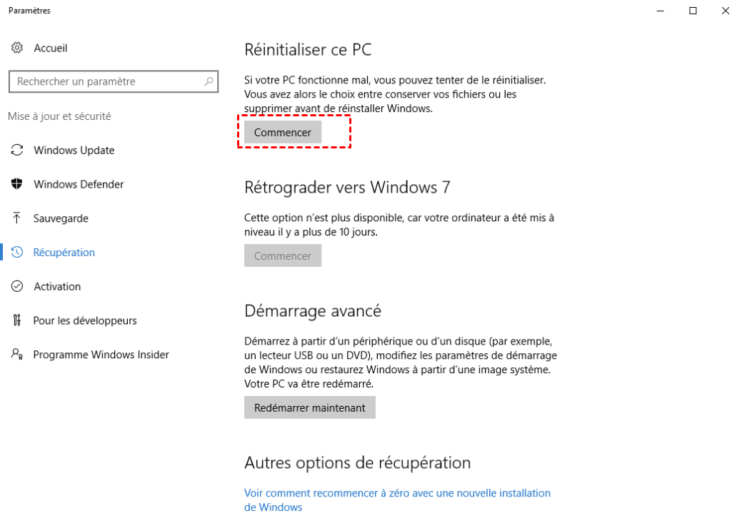 Réinitialiser ce PC Windows 10