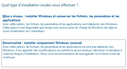 Personnalisé : installer uniquement Windows (avancé)